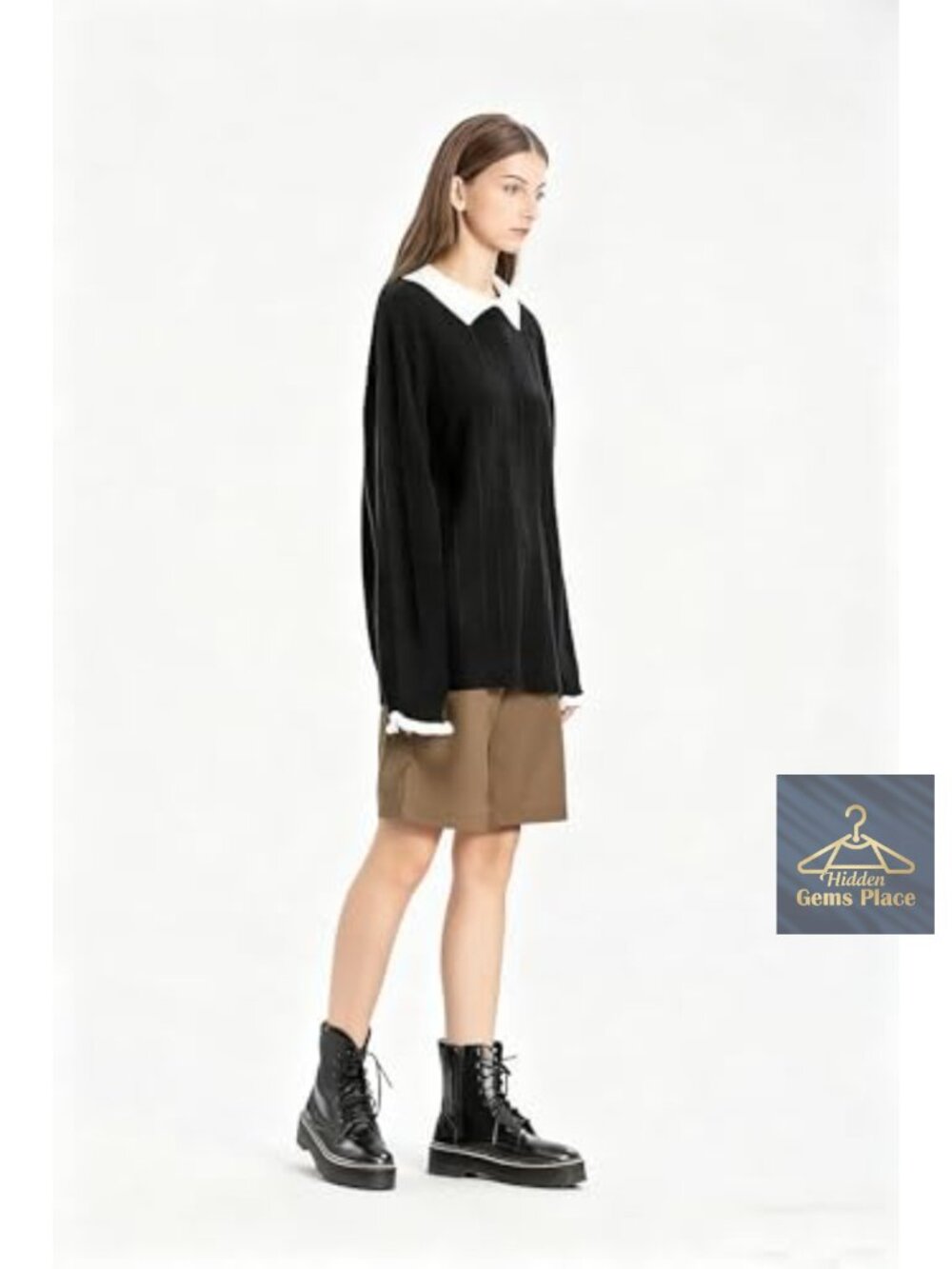 Collared Knit Pullover Sweater Ruffle Cuff - Picture 2 of 6